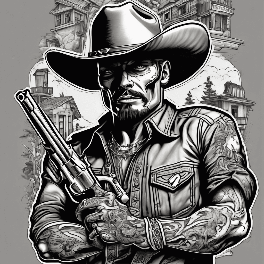 A western themed half sleeve from wrist to Elbow with a skeleton Cowboy pointing at six shooter at you and a train robbery scene in it