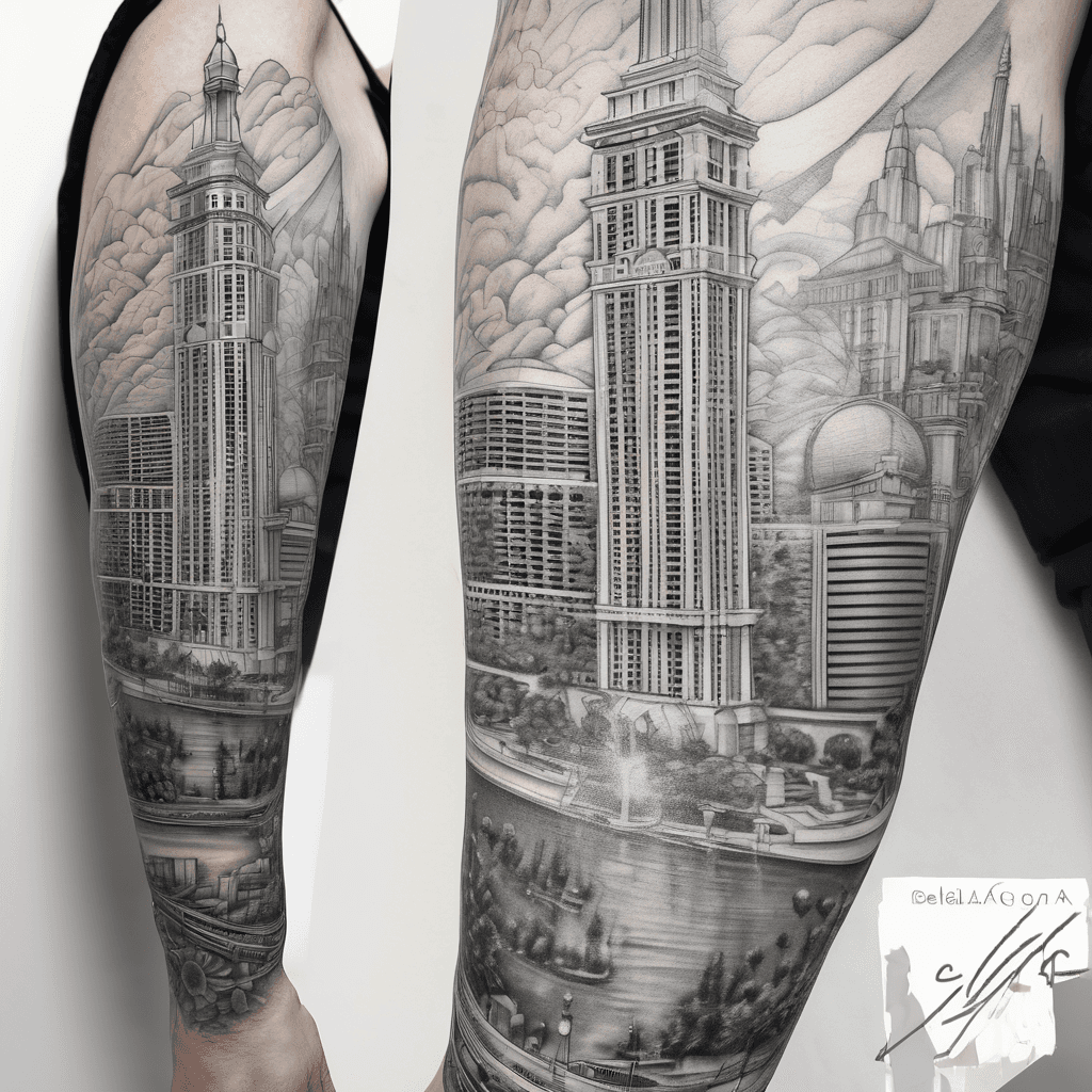 create a right arm sleeve tattoo that displays the bellagio in las vegas with the water fountains on the top half on the right arm and blend the downtown los angeles city skyline on the bottom half on the right arm