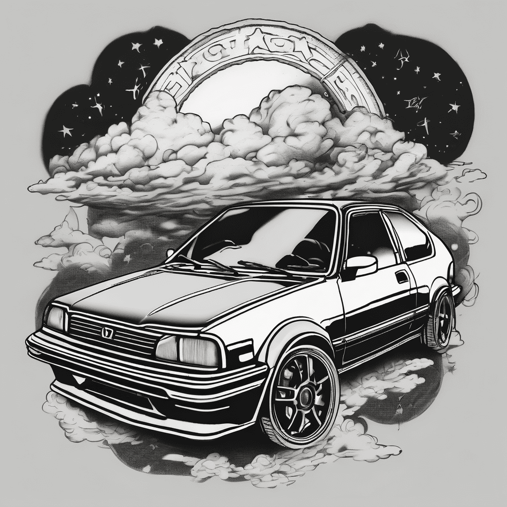 Create a memorial tattoo design for todd of a 1993 Honda Civic hatchback in clean black and grey realism. Side profile view of the car sitting low, slightly aggressive stance. The car appears slightly transparent like it's fading away. Subtle road stretches behind it leading into a dreamy background of clouds and stars. Front license plate reads '7-16-93', rear license plate reads '11-19-25'. Minimalist, emotional, clean lines, no extra text or names.