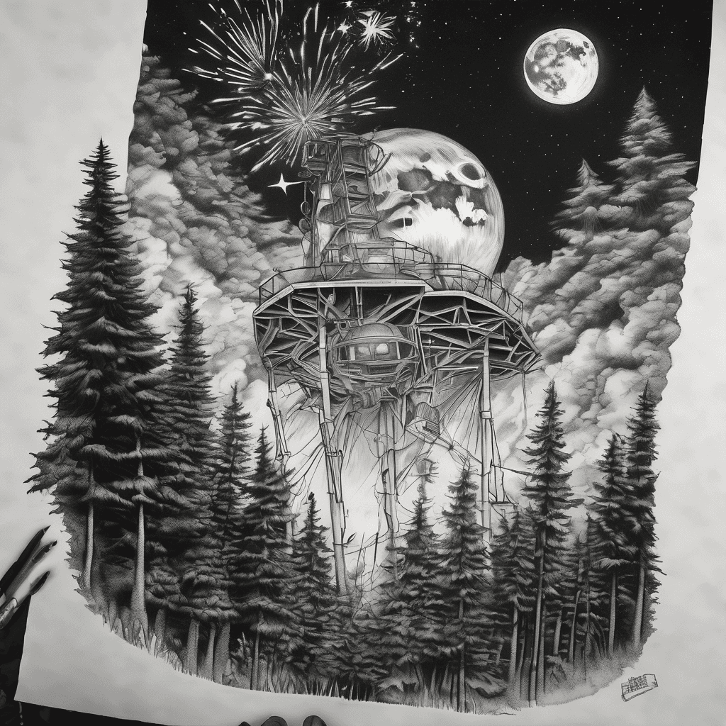 Looking to create a tattoo that captures this- late night at the observatory stage electric forest. Left side of the stage there’s fireworks peaking through the tall narrow pine trees. Full moon in the distance. Black and white tattoo. Lasers.