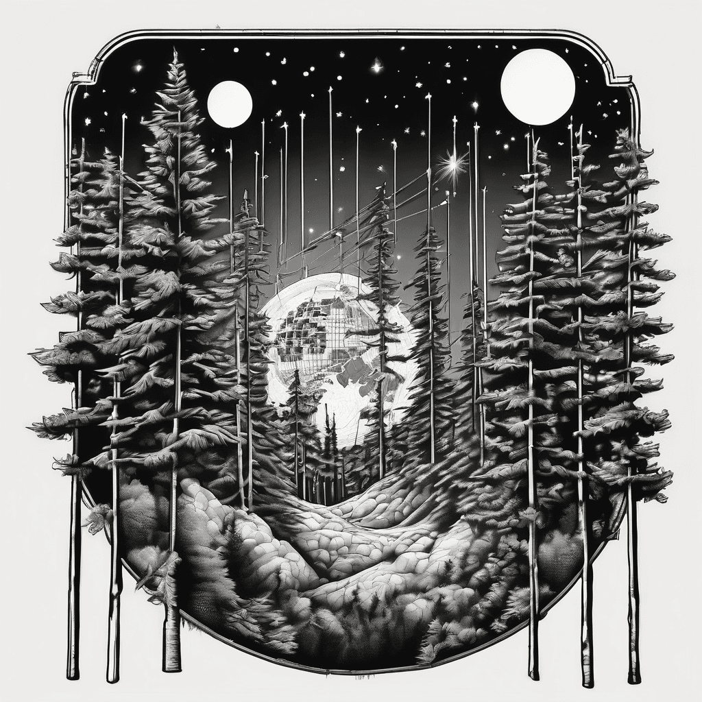 Looking to create a tattoo that captures this- late night at the observatory stage electric forest. Left side of the stage there’s fireworks peaking through the tall narrow pine trees. Full moon in the distance. Black and white tattoo. Lasers.