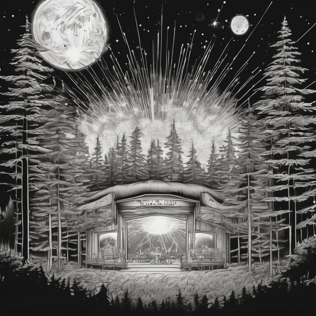 Looking to create a tattoo that captures this- late night at the observatory stage electric forest. Left side of the stage there’s fireworks peaking through the tall narrow pine trees. Full moon in the distance. Black and white tattoo. Lasers. Minimal