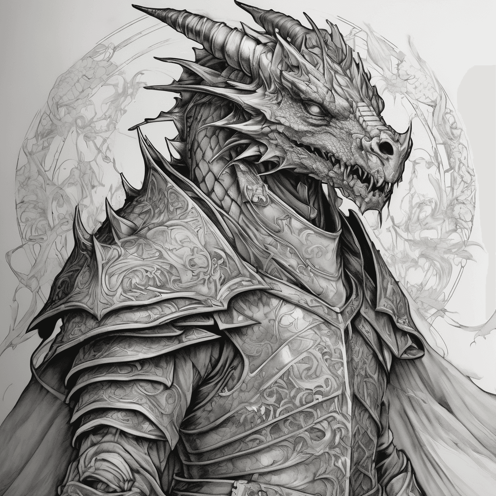 Black and grey realism tattoo stencil design, fan art of a hollowed dragon-knight king. Elongated dragon-slayer helm with a single narrow eye slit, no visible face. Long windswept white hair streaming out from beneath the helm. Tattered cloth robes layered over ornate golden filigree armor, chain and jewelry details at the collar. Wielding a long ornate swordspear — a hybrid blade-and-spear weapon with a curved crossguard, not a generic sword. Standing front-and-center, 70% of the frame. Behind him, a wyvern-like dragon coils in from the upper background — only its horned, beak-snouted head, long serpentine neck, and one folded wing visible, framing the king rather than dominating the piece. Sparse atmosphere: rolling storm clouds, one sharp lightning bolt, a single cracked stone pillar fragment, wind and smoke linking the figures. Clean bold linework with negative-space highlights, tattoo flash sheet composition, high contrast, no color, no busy background, no castle skyline.