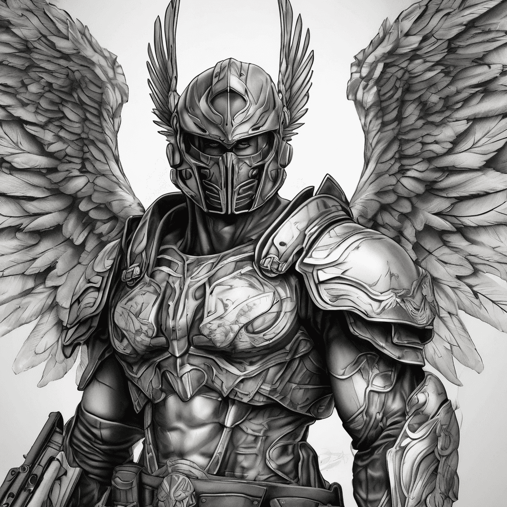 Create a realistic black and grey tattoo design of a modern archangel warrior. The character should look noble, powerful, and human, with a serious face, large detailed wings, and a tactical angelic armor combining worn metal, dark leather, and heavy fabric. He holds a modern firearm in a believable way, as a symbolic celestial guardian in a contemporary world. The composition must be vertical, centered, clean, and highly readable as a tattoo, with strong contrast, sharp shadows, and a nearly empty background. The design should feel like realistic concept art made specifically for tattooing, not cartoonish, not ornamental, and not overly busy. Keep the silhouette clear from a distance, with elegant but aggressive energy, cinematic mood, and high detail in the wings, face, and armor
