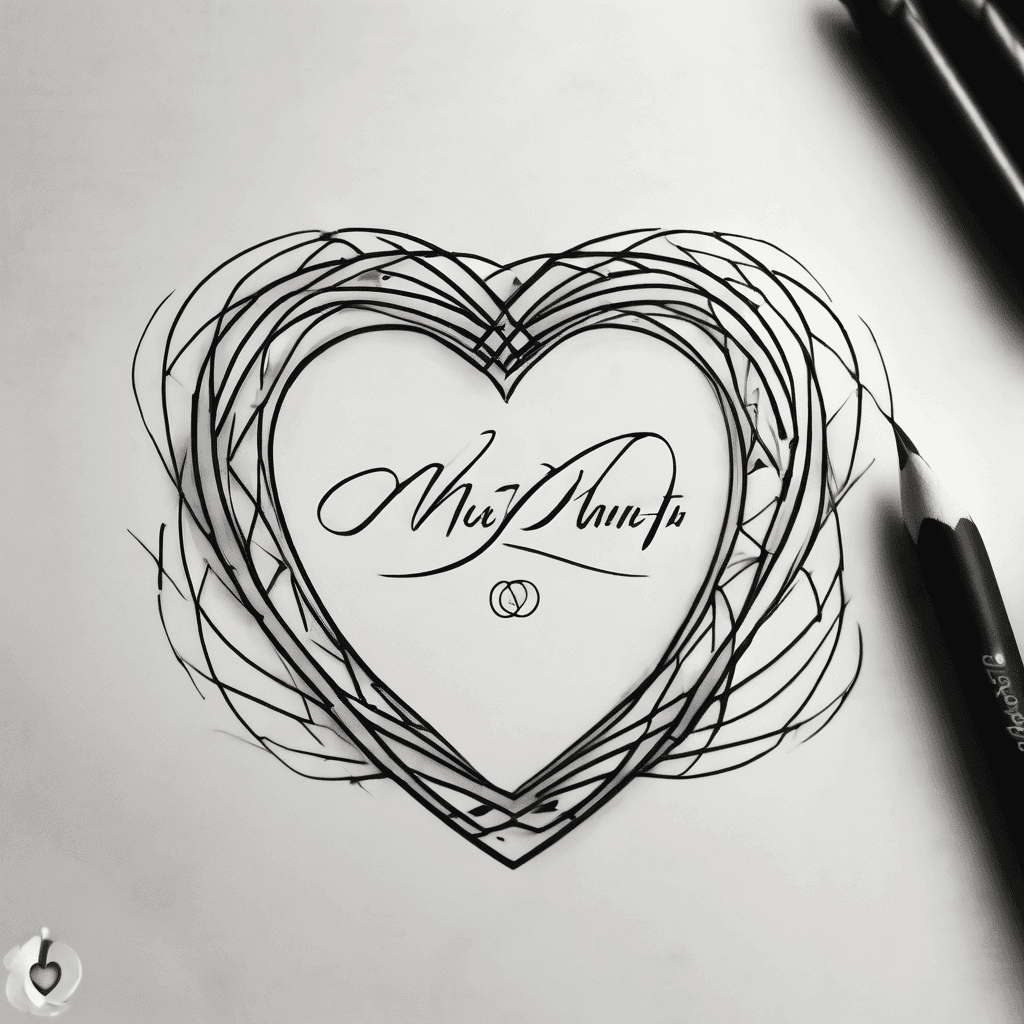 A minimalist fine-line tattoo design for outer forearm. An infinity symbol smoothly blending with a geometric heart in the center. The names must be integrated into the lines with an elegant script calligraphy font: 'Mehtap & Mehmet' forming the heart shape, 'Büşra & Bulut' on the left loop, and 'Poyraz & Bora' on the right loop. Pure black ink on a solid white background.