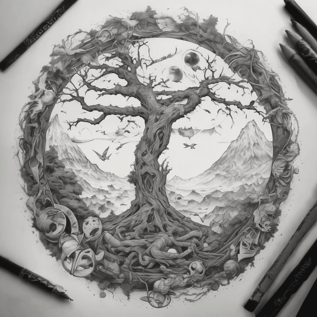 Instead of stacking unrelated objects, create a single evolving scene: Top An ouroboros breaking its own circle. ↓ Middle A cracked mask peeling away into birds or stars. ↓ A floating figure with puppet strings connected to its own head, several already snapped. ↓ A floating doorway with no surrounding walls. ↓ Bottom Tree roots transforming into a labyrinth, with one clear path leading out. The whole composition should be tied together with surreal, melting transitions rather than hard separations. The hidden message Every symbol reinforces the same idea: The ouroboros: You keep repeating the same cycles. The mask: You must let go of the identity you've been hiding behind. The puppet strings: Your greatest obstacle is your own conditioning. The open door: Freedom has always been accessible. The labyrinth: The journey out begins inside your own mind.