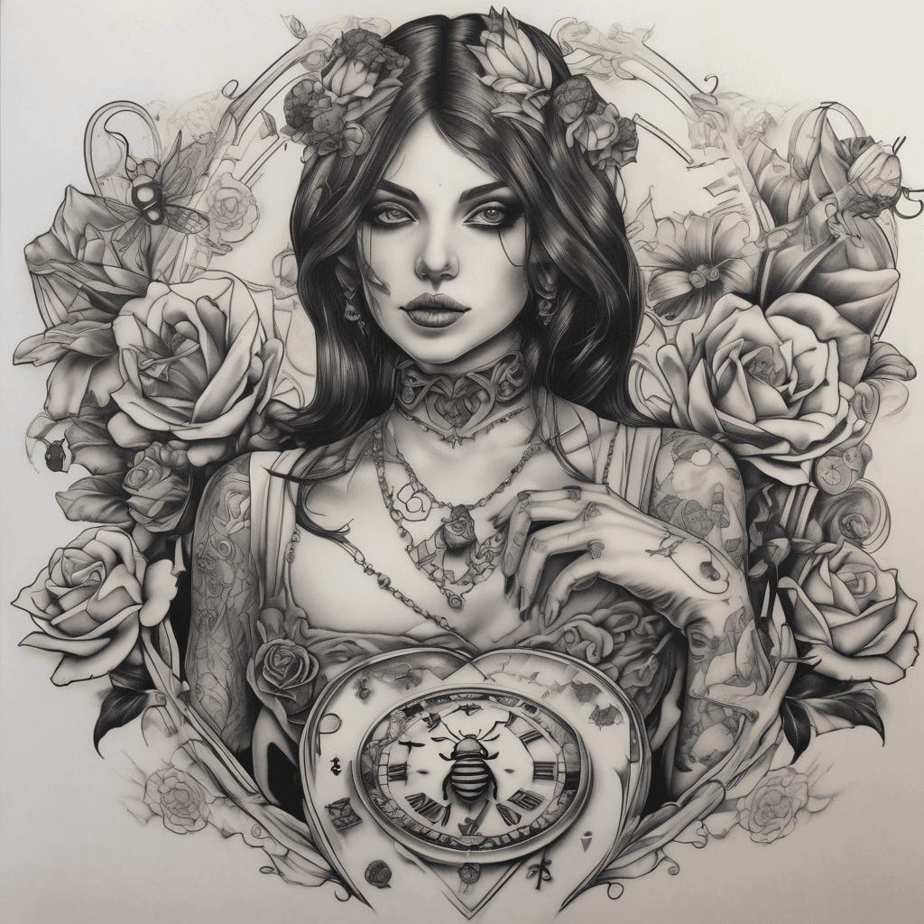 Generate a picture of a full black and grey sleeve. lillys with a bee and lady bug on the outer forearm, four playing cards ( 6 and 8 of diamonds, 7 and 9 of Hearts) on the inner forearm, victorian style mirror on the elbow, and lady grim reaper on the upper arm