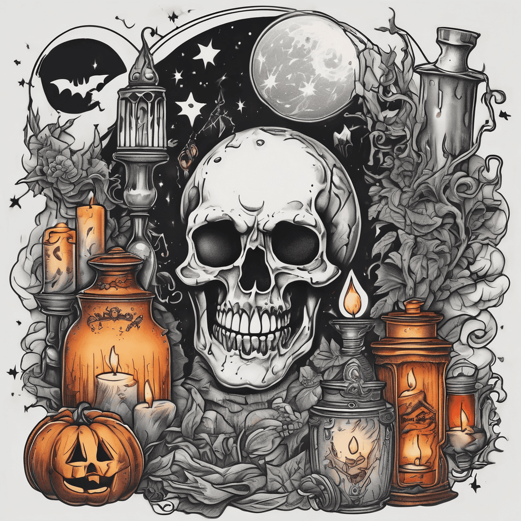 Collage Multi colored, spooky Halloween, with glitter ghost, cauldron,smoky cloudy background and magical, moon, stars, potions, candles, witchy