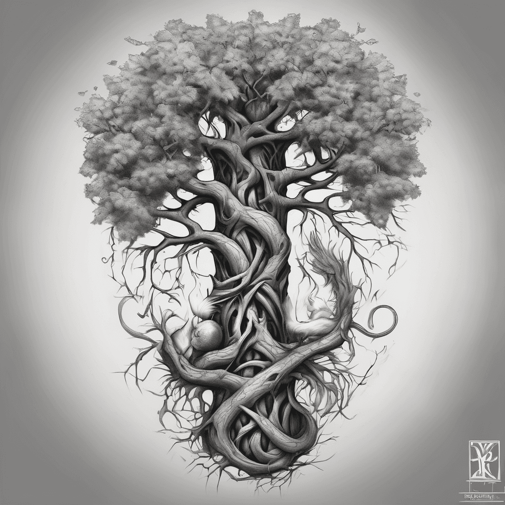 Can you design me a forearm tattoo: shaded, in black. Yggdrasil with the letter K interwoven into the trunk and with a small ferret playing in the roots