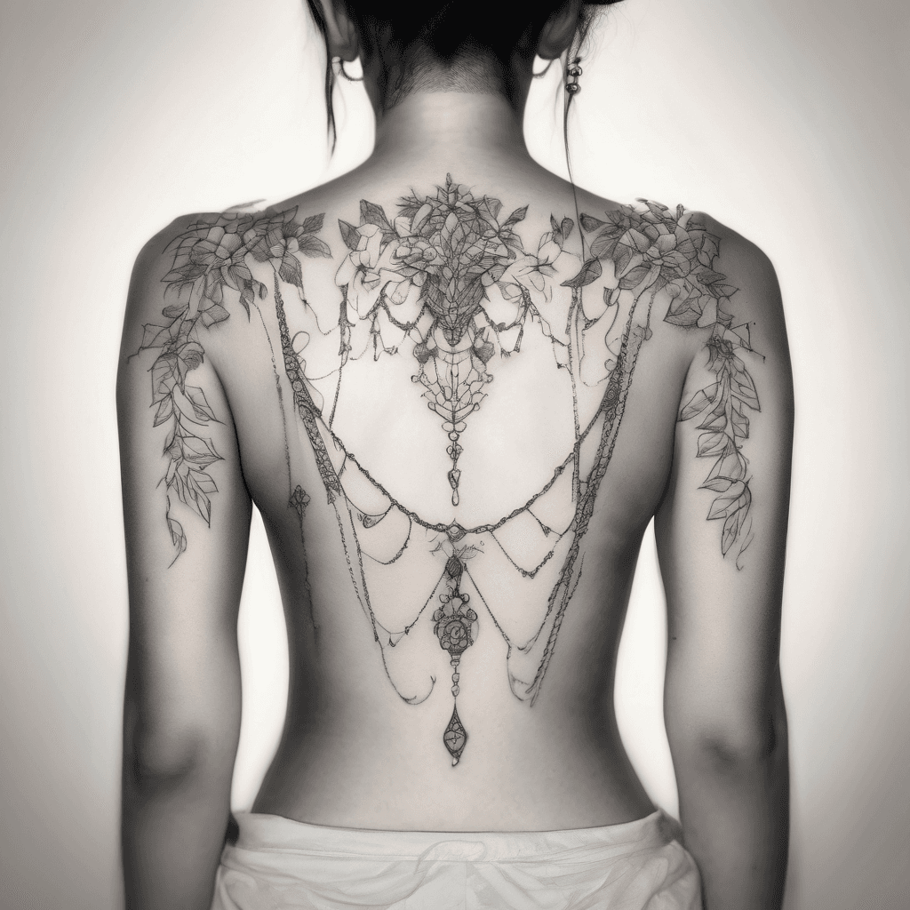Delicate fine line undertook. From sternum to the side of the boob's. Leaves with delicate jewelry chandelier type dangling chains. With a little feature piece in the middle of the sternum. Not too huge and thick