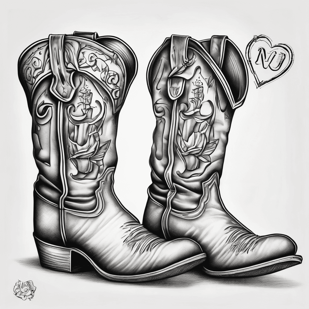 Cowboy boots both facing same way with an N on side of boot. Cowboy hat on top of boots sloping down towards boot toes with a simple band on hat. 3 small love heart's around the image