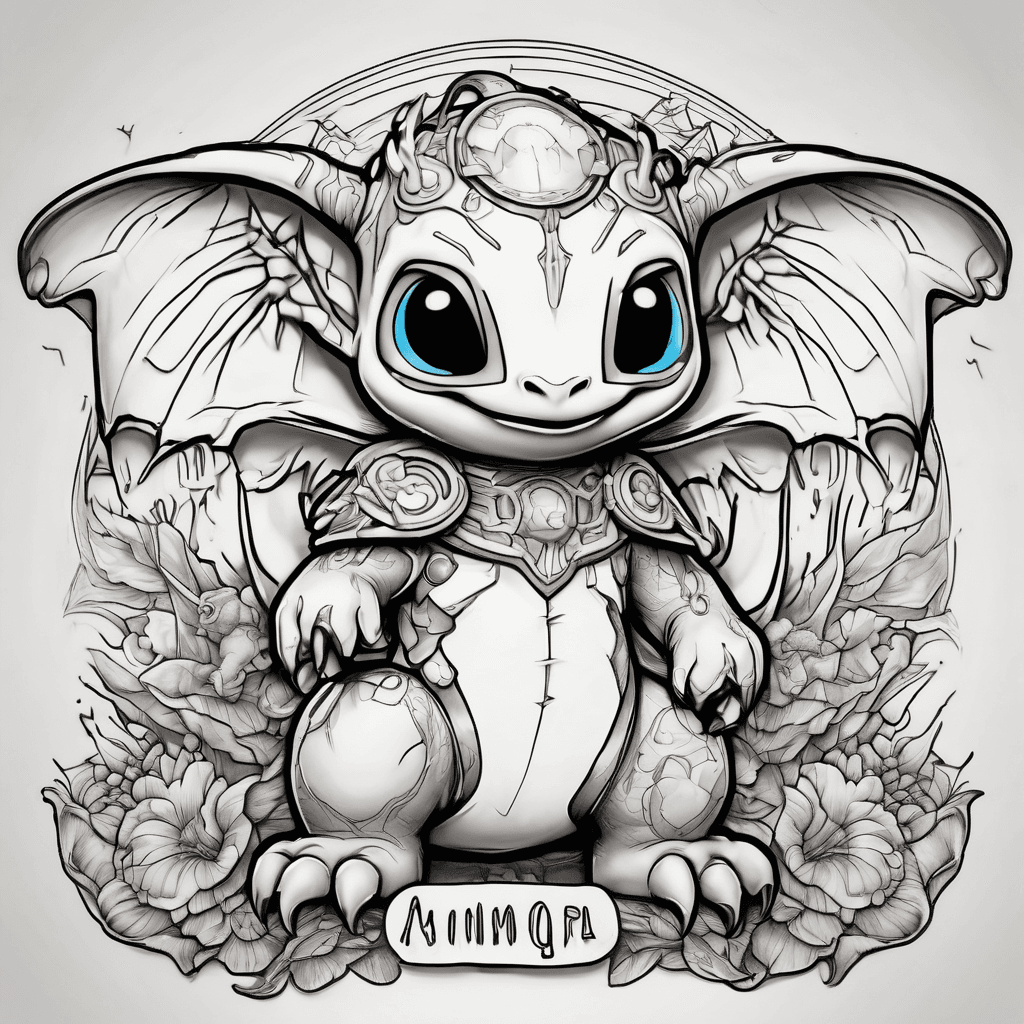 Design a useable professional grade colored tattoo featuring Stitch wearing a toothless Costume and Angel wearing a lightfury costume with trippy elements, and colors, and mushrooms