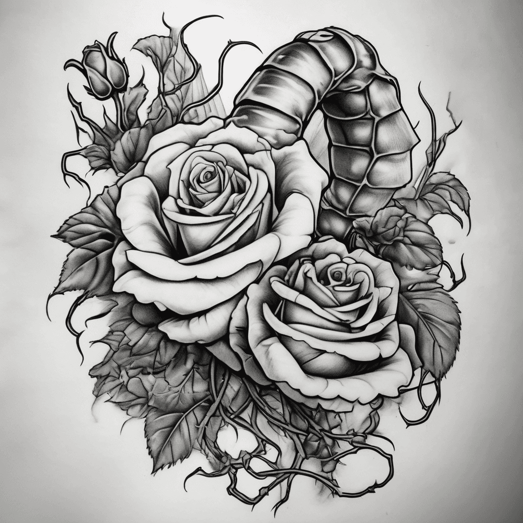 I want a scorpion which is wrapped around with a roses root but not heavely and the scropions left claw is holding the roses head in the claw itself