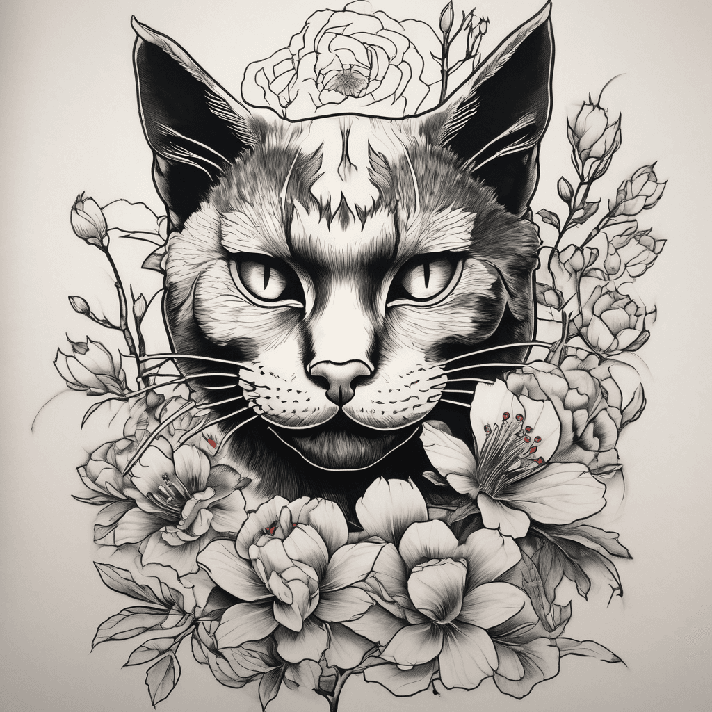 Black cat tattoo with flowers, branches and apples