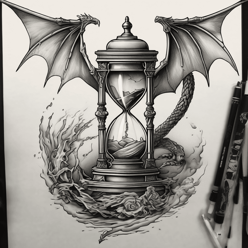Wyvern circling around an hourglass that is broken at the bottom half, but still holding its shape, sand falling from the top of the hourglass landing outside of the hourglass, a chain draped over the hourglass