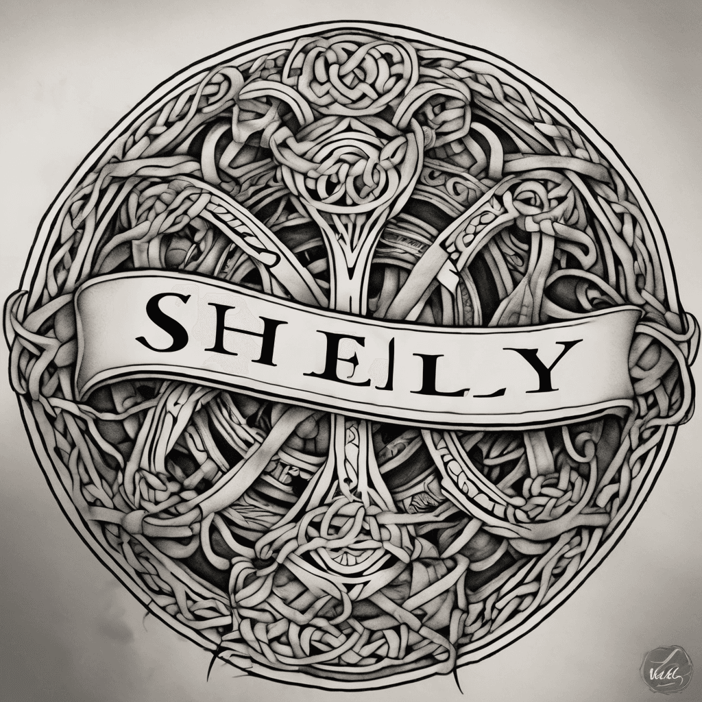 Tattoo Design: Create a black-and-grey tattoo with the name "SHELBY" in elegant Celtic-inspired nautical lettering. The letters should have flowing knotwork, subtle rope textures, and weathered maritime details. Replace the letter "Y" with a beautiful mermaid whose tail naturally forms the shape of the Y. The mermaid should have long flowing hair, a graceful pose, and a detailed scaled tail that blends seamlessly into the lettering. Add subtle ocean elements like gentle waves, a compass rose, seashells, or a nautical rope woven through the letters without making the design look cluttered. The overall style should be highly detailed, suitable for a forearm or upper arm tattoo, with bold clean linework and soft shading for a timeless Celtic-meets-nautical aesthetic.