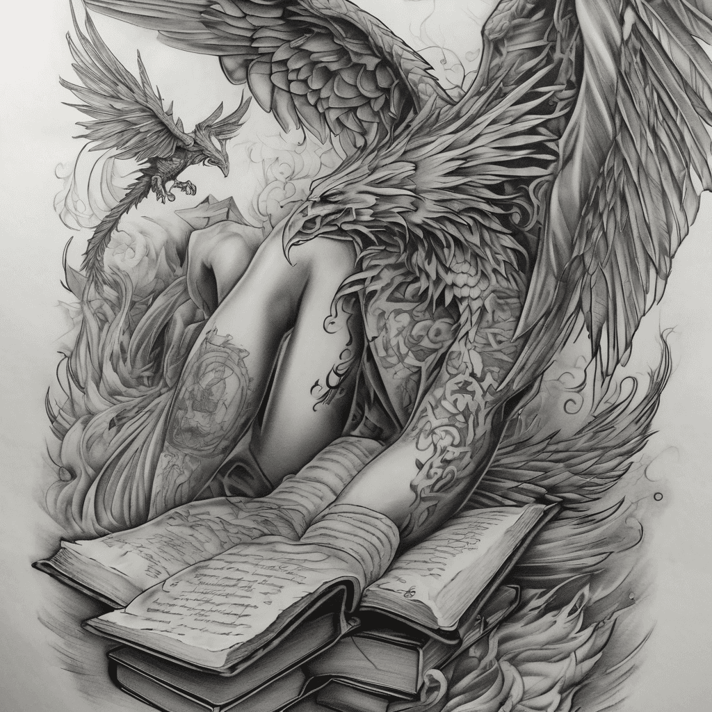 Full leg tattoo with older style books curving up the calf some open and some closed. Dust or sparkle coming out of the books to make it look like things are flying out. Add a pheonix on the thigh and a dragon on the hip and a deathly hallows symbol on the side of thigh. Add in a female fair silhouette, tiara and a male fairy silhouette
