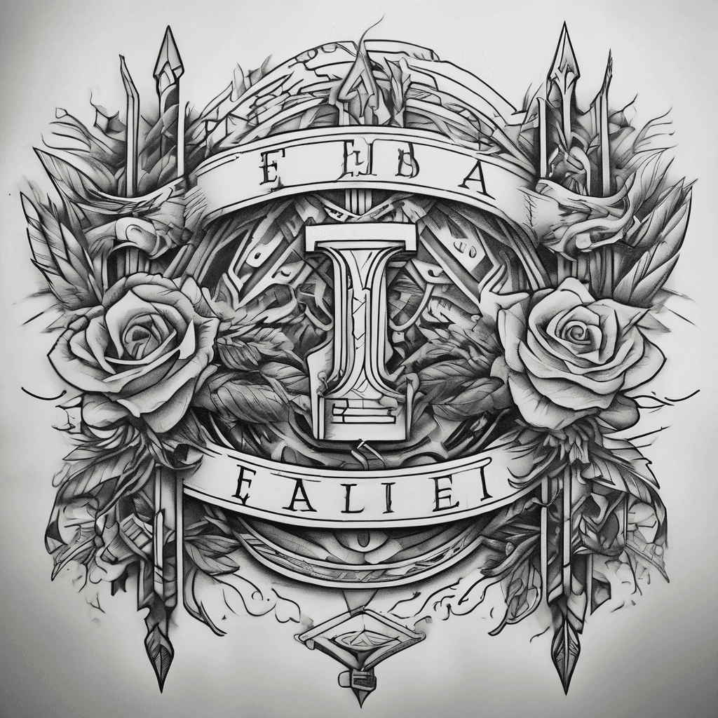 An uppercase a with an arrow going through the a three kids names Elliot Isabel Ethan, more of a manly tattoo