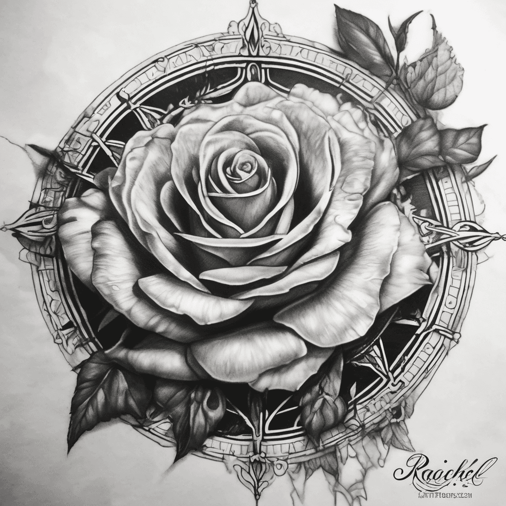 /imagine prompt: A hyper-realistic tattoo design featuring an intricate compass rose entwined with a soft, blooming red rose and a delicate anatomical heart. Below the design, incorporate elegant cursive script with the names "Rachel" and "Mike". Black and grey realism, white ink highlights, on a clean white background, studio lighting, highly detailed, 8k --v 6.0