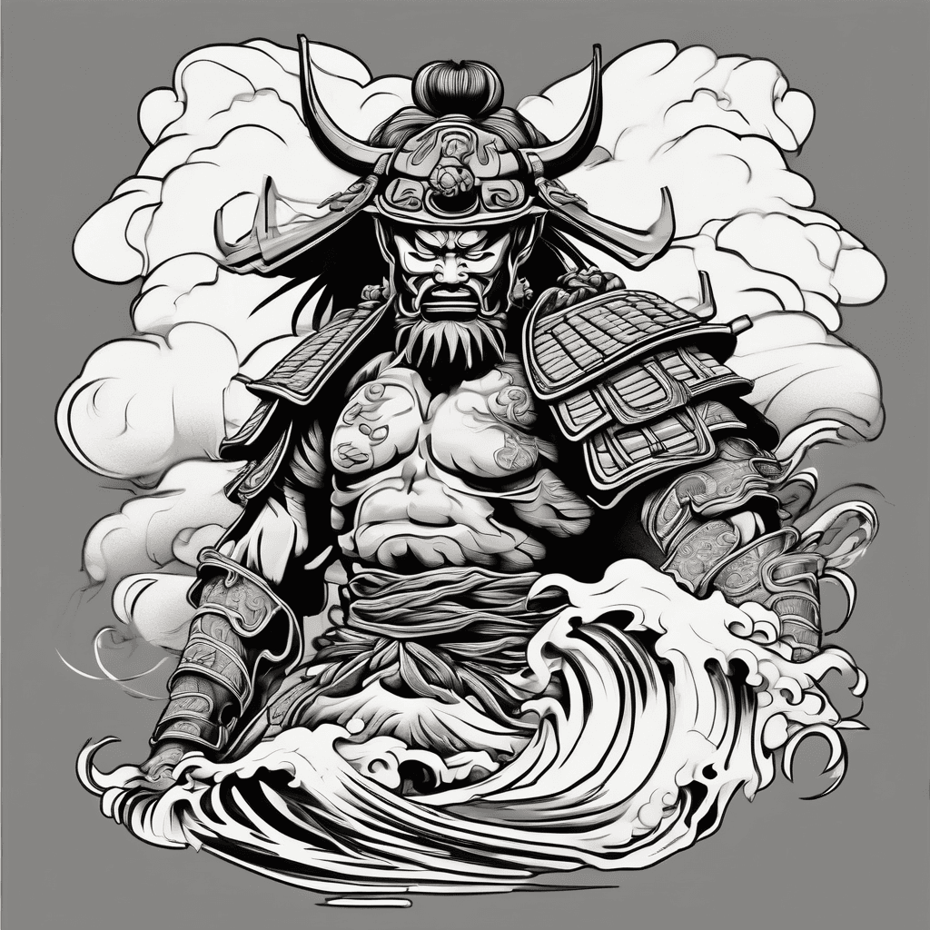 Japanese samurai with oni mask surrounding by waves or clouds