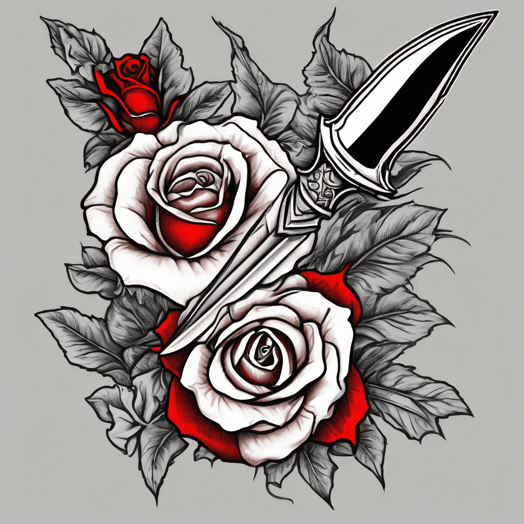 A clean American Traditional tattoo flash design of a small, compact dagger piercing vertically straight down. The centerpiece flower is a bold crimson red rose sitting over the dagger's crossguard. Tucked tightly to one side is a cream-white honeysuckle flower, and tucked to the other side is a vibrant cobalt blue cosmos flower. The dagger has a short blade and a decorative sapphire blue enamel handle. High-contrast bold black lines, heavy black gradient shading, solid color packing, isolated on a plain white background."