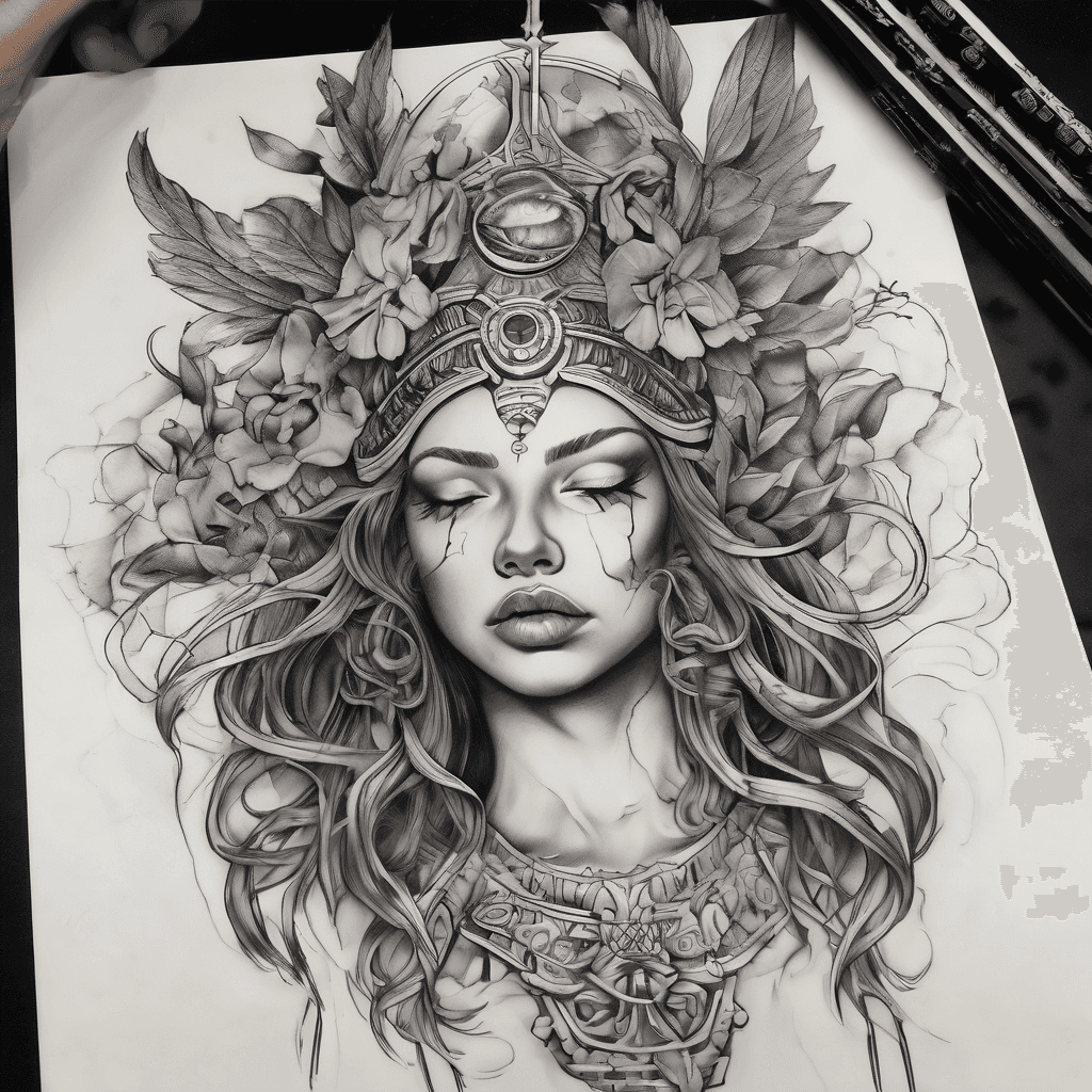 "OK, ChatGPT, create a similar tattoo, but I want the corrupted version of the goddess; just bring her down. Take the blindfold she has over her eyes (her eyes should be open because she sees and judges, she is not impartial) and put it in her hair (have her hair down, but with a braid on top). Put her in a more luxurious dress, again with both thighs exposed. Make the scales broken and tipping to one side because of money, blood, and bullets. And in the other hand, instead of holding a sword, have her holding an AK-47. Also, give her a condescending 'bitch' expression, a bit evil, you know, a bit conceited."