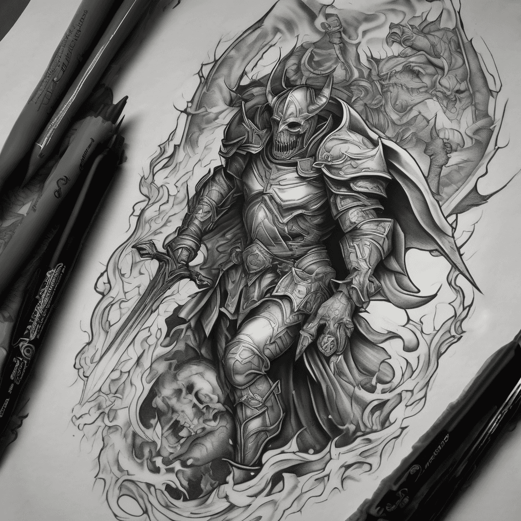 Paladin in hell slaying a demon to represent sobriety. Dark fantasy style black and grey.