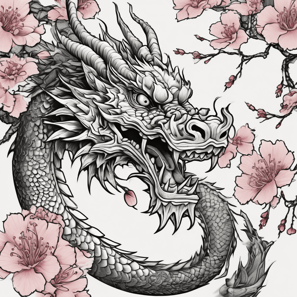 Dragon with japanese temple and cherry blossom tree for shoulder to elbow