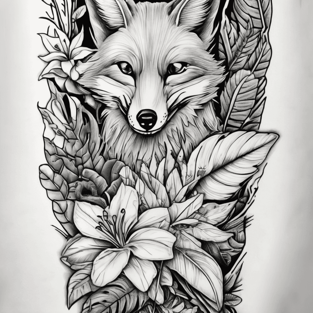 forearm cover up with birds of paradise leaves (no flower), ferns, monstera, palm leaves, roses, arbutus leaves, red western cedar. A fox, wren bird, and raven