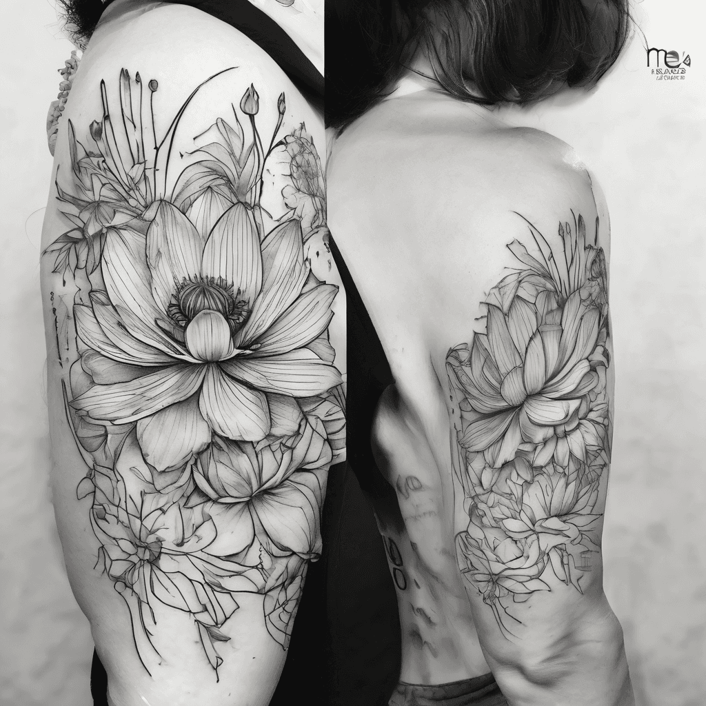 I want in all black 2 August wild flowers with a lotus flower tied in to the design