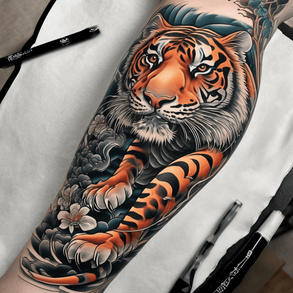 Leg sleeve from ankle to knee with a tiger and backround