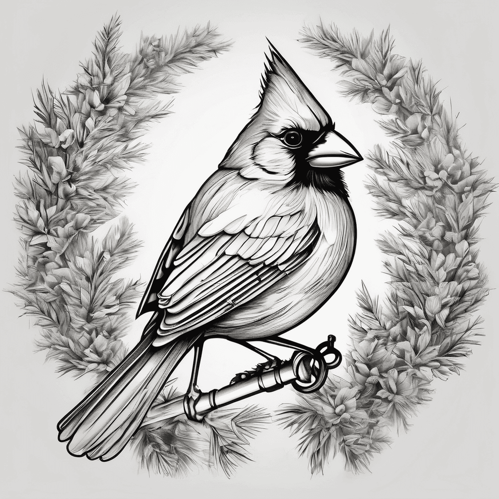 a cardinal holding a key surrounded by evergreen trees