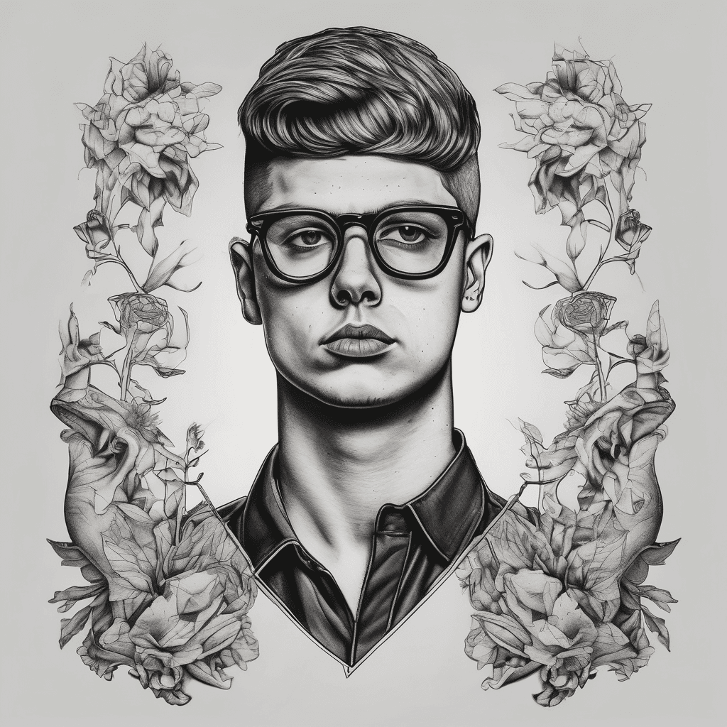 A mostly black with color accents tattoo inspired by musical artist Oliver Tree with symbolic elements of his creativity, lyrics, and character