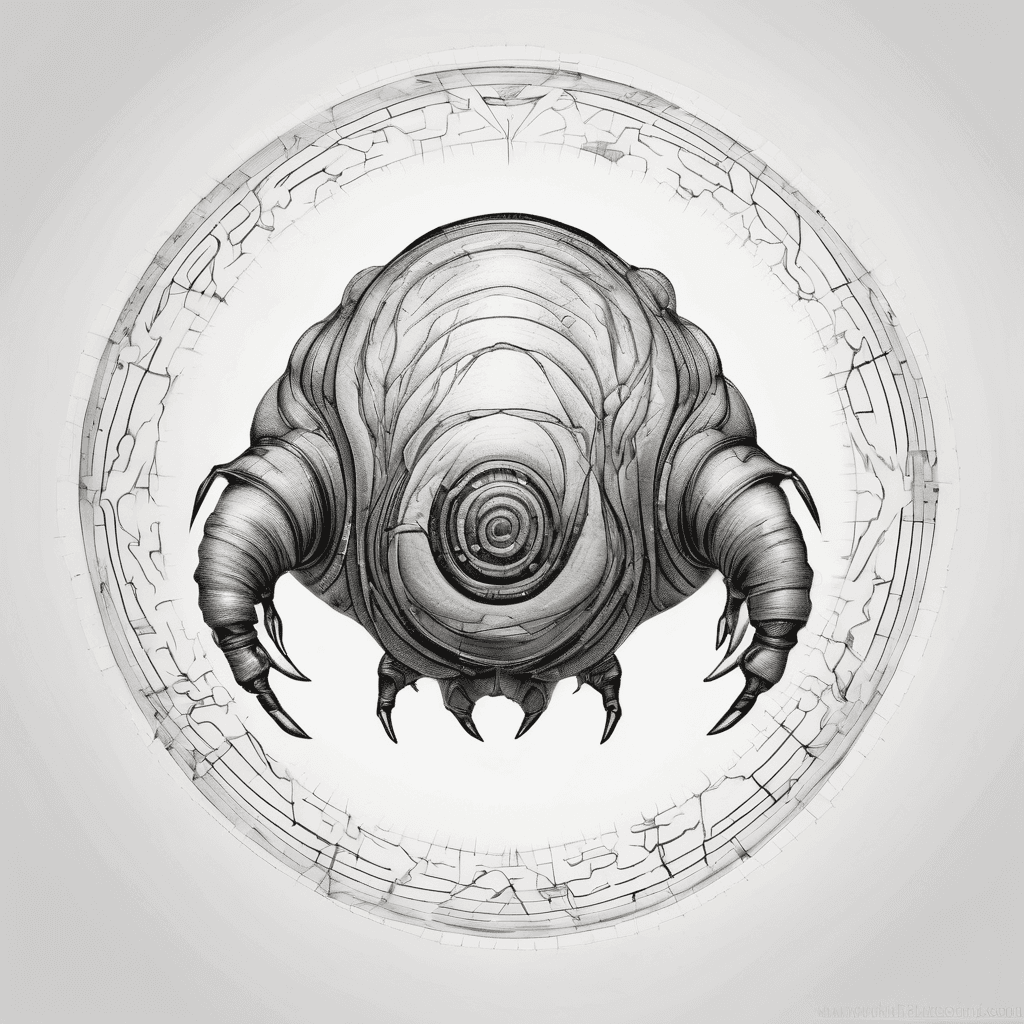 A minimalist fine-line tattoo design of stylized tardigrade claws mathematically balanced inside a perfect thin circle geometric shape. Clean black ink lines, no shading, pure white background, flash tattoo style, elegant and harmonious composition --ar 1:1