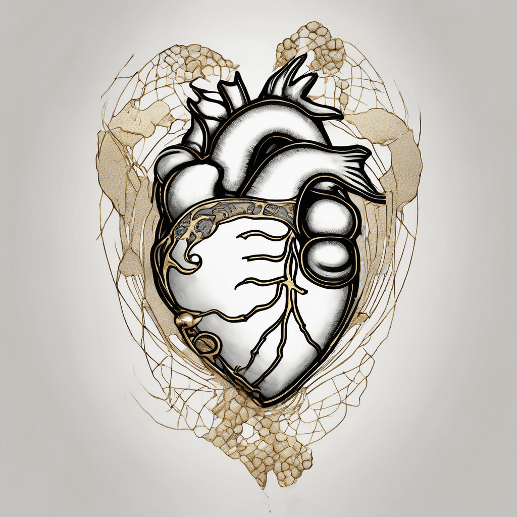 An anatomically correct porcelain kintsugi heart with yin yang koi fish design with gold cracks