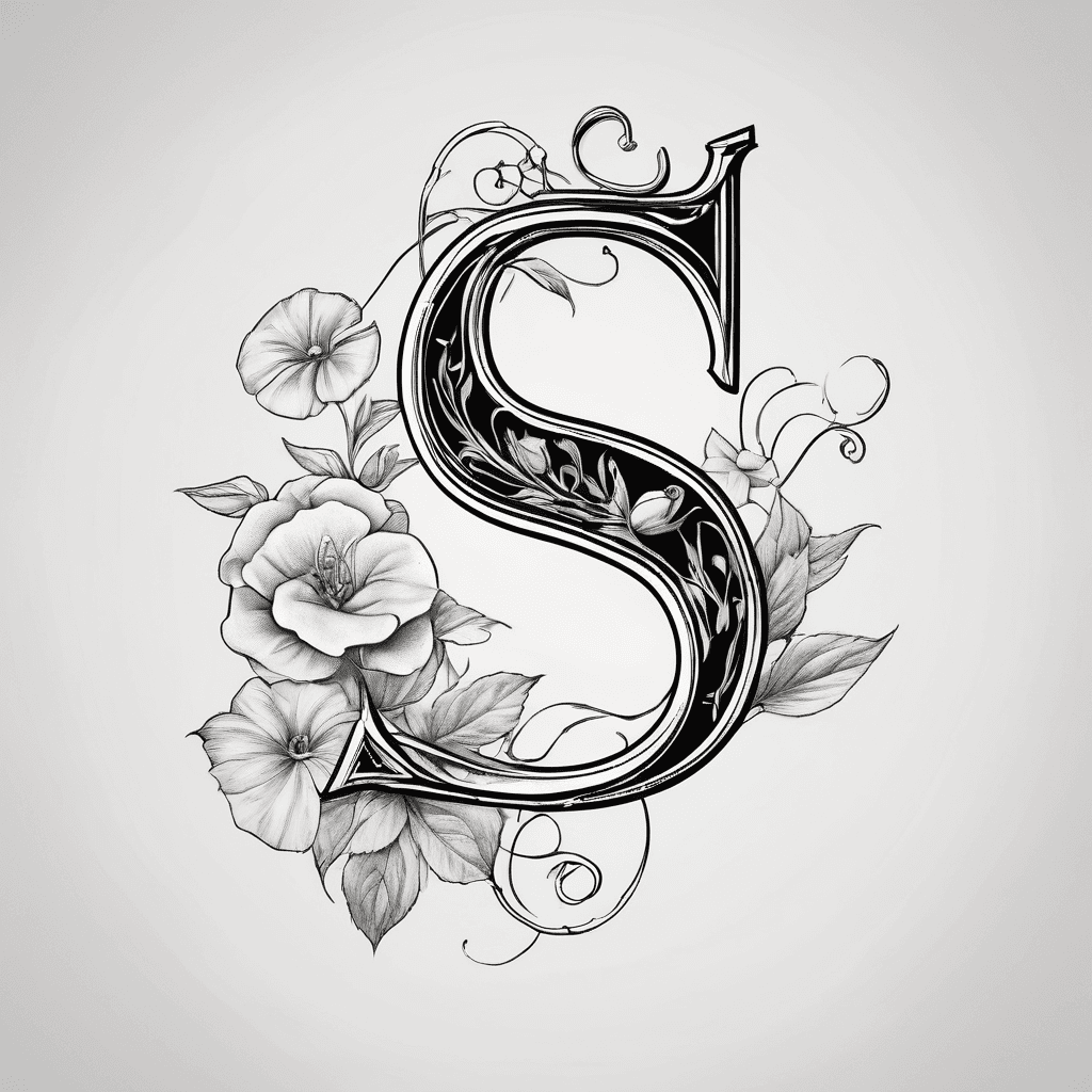 An elegant and stylized letter S in a fine calligraphy style. The letter delicately merges with a forget-me-not flower and a small blooming rosebud. Fine line tattoo style, clean minimalist lines, black ink only, white background.