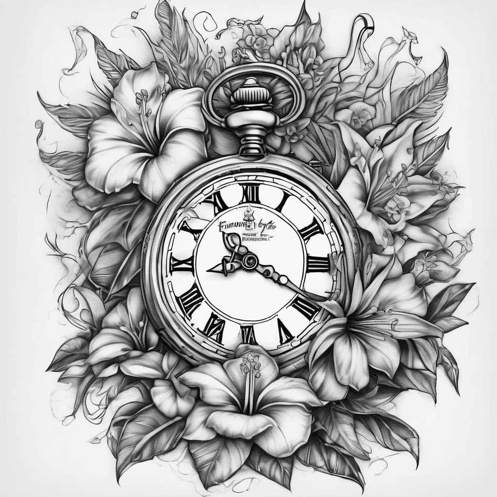 A leg sleeve that has a pocket watch, a crown, a compass that points north, a phoenix, 4 keys and the laugh now cry later masks, add some frangipani, hibiscus and amaryllis flowers and strength, resilience, determination and courage words