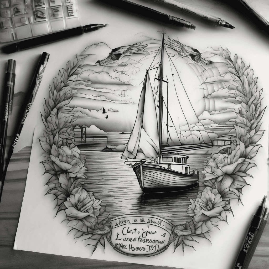 An in memorium tattoo for a woman named Karen, there is a sunrise with a boat dock in the foreground, a quote that “let your sun always rise” with wings at the bottom of the tattoo