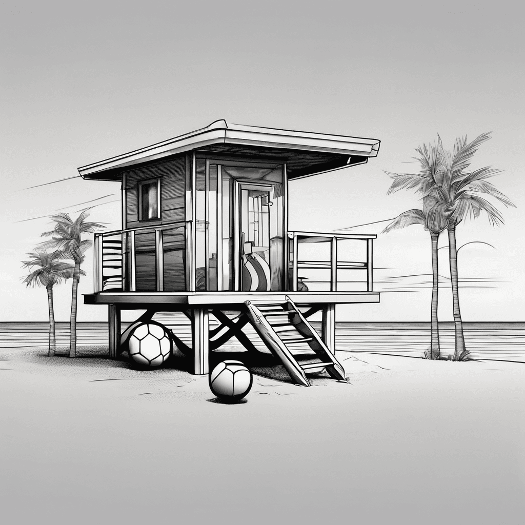 a minimalist lifeguard house with palm tree and football