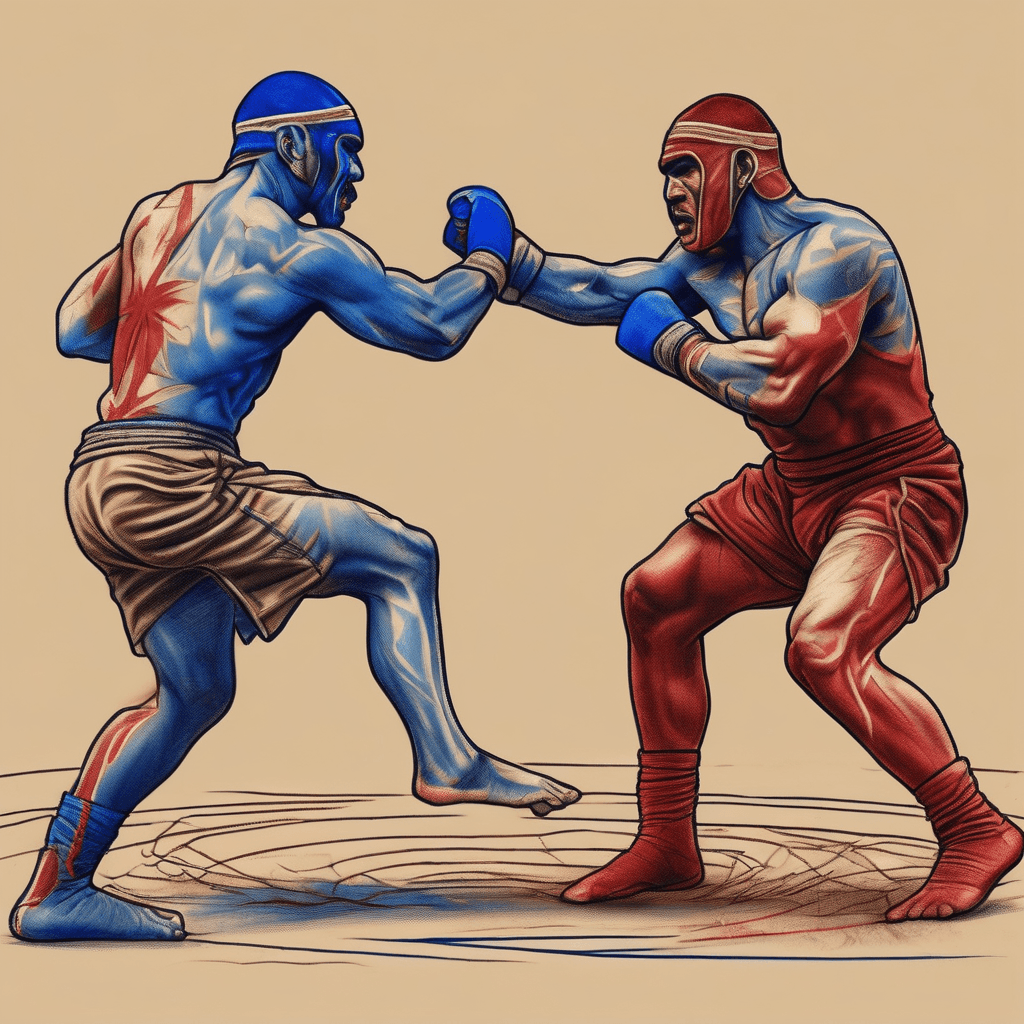 Two wrestlers sparring facing each other, both wearing red and blue kits. Body is light brown skin indian colour. Make the ground sand and maybe add some effects around. Want to tattoo this on a bicep/arm in rememberance of my brother with whom I wrestled.