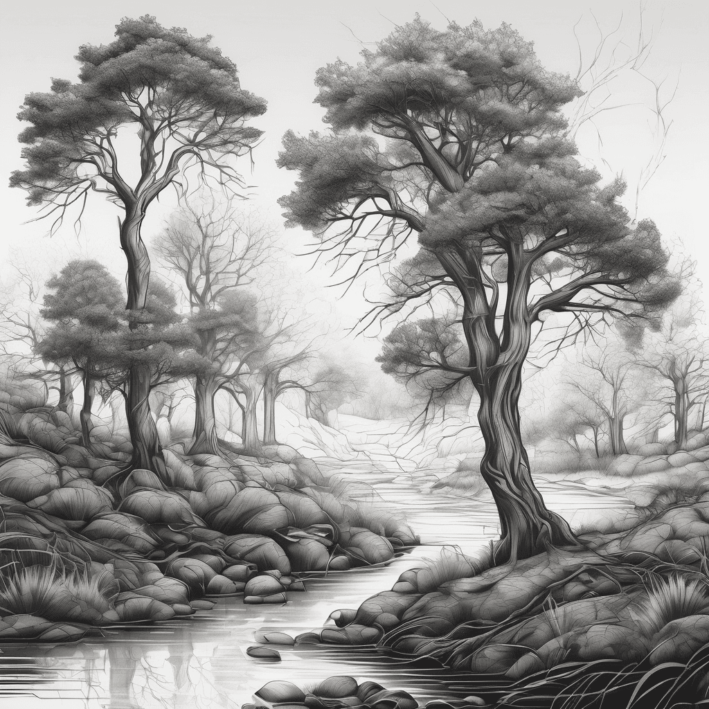Realistic trees by stream with sunlight streaning down and tick crawling