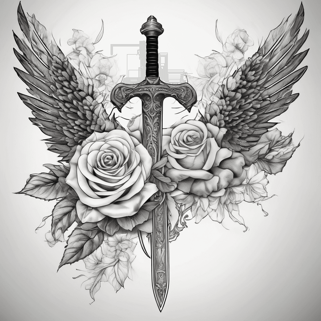 Dainty fantasy sword with large angel wings and many flowers/roses