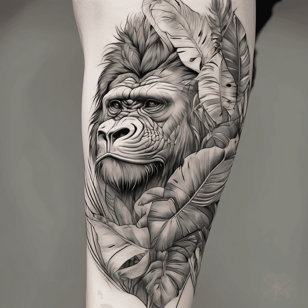 Leg sleeve on man. Gorilla, giraffe, tiger with palm leaves