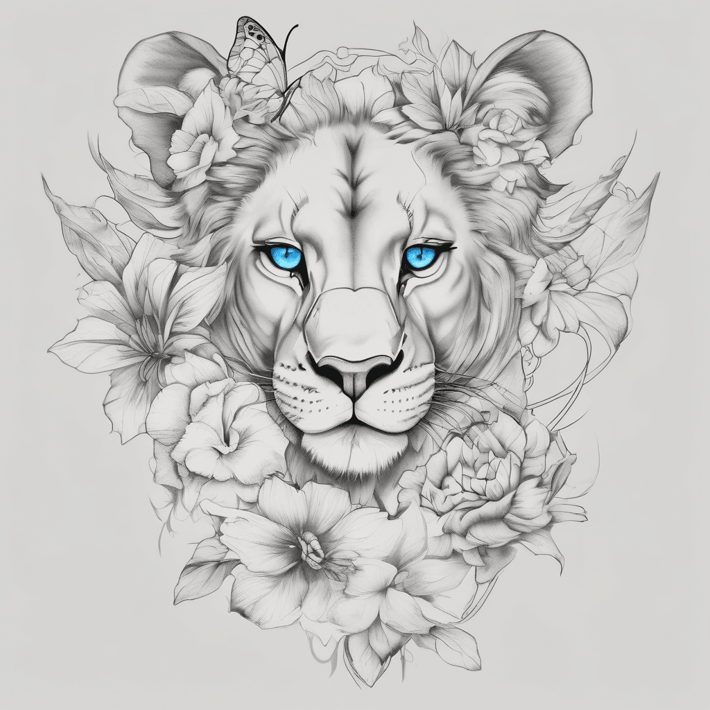 A pretty feminine lioness with blue eyes with flowers and butterflies to cover my hip theigh and bum area