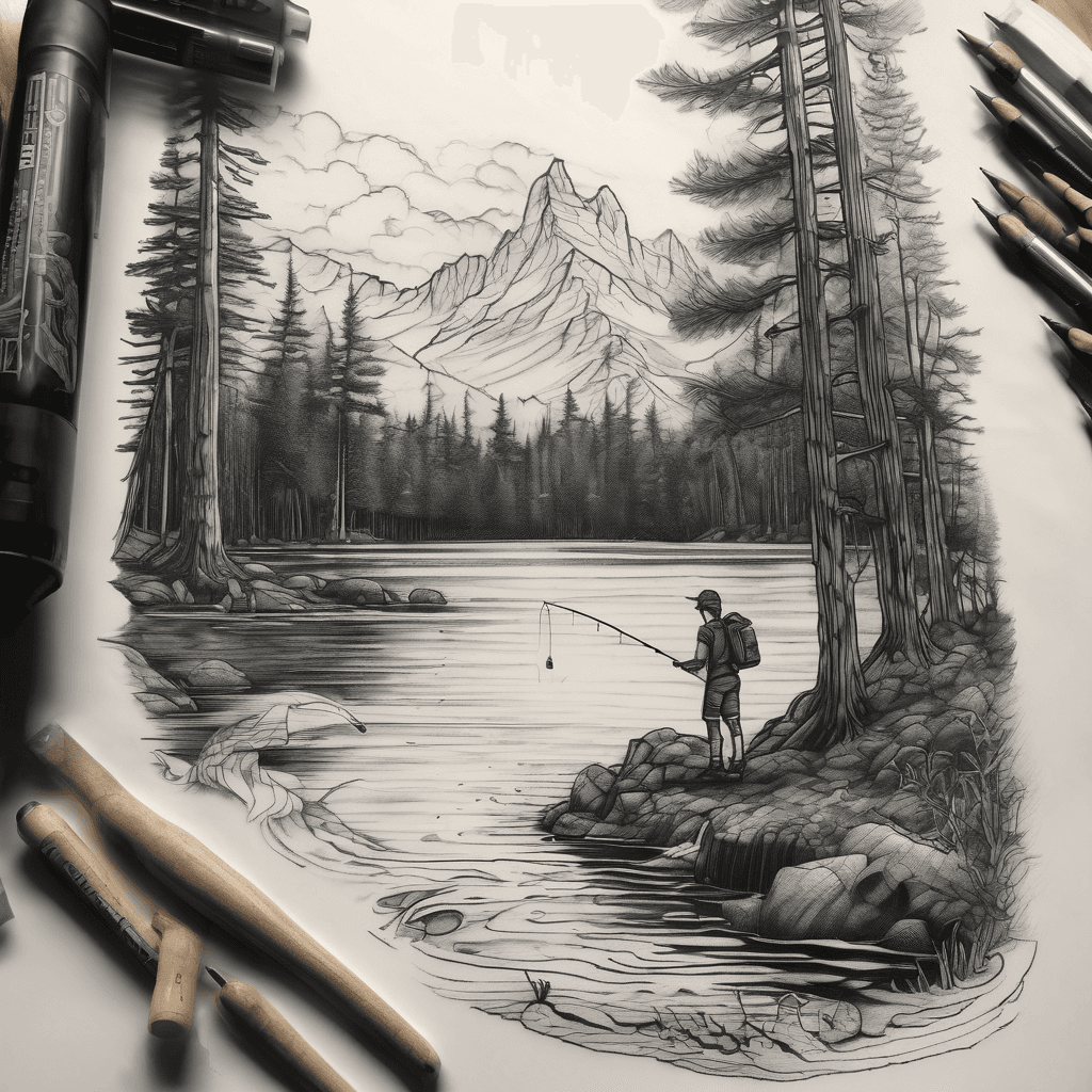 **“I’d like a black-and-grey realistic forearm tattoo featuring a dense pine forest with a creek running through it. In the foreground, I want the silhouette of an adult and child fishing together from a small wooden pier extending over the water. In the background, add a realistic 10-point buck standing naturally between the trees. Include soft moonlight filtering through the upper treeline to create subtle highlights and depth. At the top of the tattoo, add a large raven flying across the treeline with faint glowing red eyes that blend into the black-and-grey realism. Keep the overall piece atmospheric with light fog, layered trees, and a peaceful wilderness feel.”