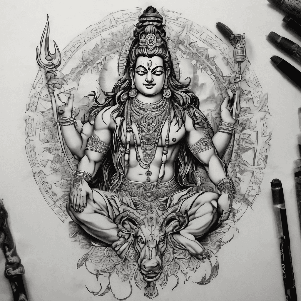 Help me design a tattoo. I'm a shiv bhakt, so I want a shiva silhouette aling with nandi bull. Also, I want to prosper in life, I want wealth, good health, to always feel motivated, add in a sigil for all these as well. There should always be a fire motivating me. I am lazy, which I do not like, so I want something to be added in it Which will make me work or loose my laziness and get active. Along with all these, add in a sanskrit shlok also, related to a strong headed life. My date of birth is 21 January, 1994, time 12.15 pm and place turkpur, kharkhauda,. You can also give me a strong sanskrit shlok or quote according to my date of birth also, or something from bhagvad gita. The tattoo I want is to be places, either covering my whole biceps through triceps or my lower arm wrapping around my whole forearms.