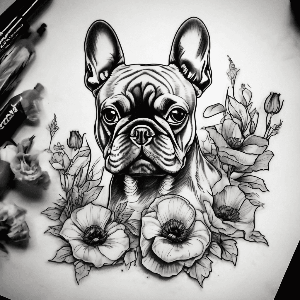 create me a tattoo for my arm with a mixture of a robin with Mam written by it, Ava 09-02-2021 , You and Me 07-07-2018, Poppies, W148557D on a military dog tag , french bulldog face.