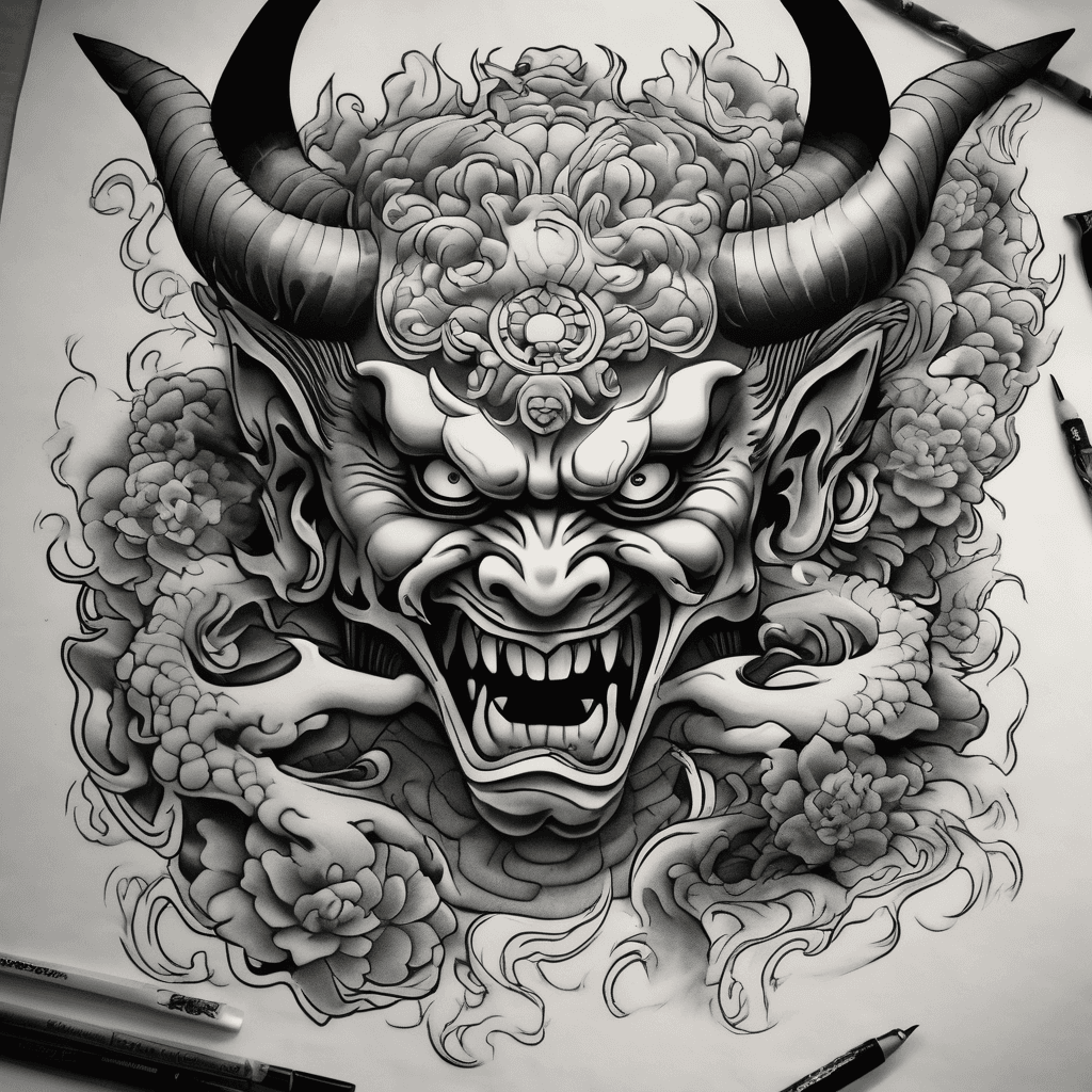 A high-contrast black and grey traditional Japanese Irezumi tattoo flash sheet layout. The design features a full arm sleeve composition. At the top, a wrathful Tengu mask with a long nose and light hairline weathering cracks on its surface. In the middle, a fierce, menacing Oni demon mask with chipped fangs and a gritty, weathered skin texture. At the bottom, a sleek, ghostly Kitsune fox mask with narrow eyes. The background is filled with heavy black Mikiri wind bars, rolling dark storm clouds, and beautifully shaded monochrome cherry blossoms swirling between the masks. The entire design terminates smoothly at the bottom in a traditional organic, cloud-like Botan-Giri edge finish. Crisp line art, deep black ink packing, smooth grey gradients, isolated on a clean white background