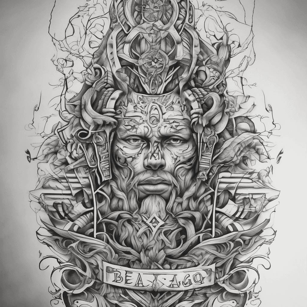 Black and white tattoo design inspired by Bajaga i Instruktori album Prodavnica Tajni, mystical shop imagery with hidden symbols and musical notes, bold shading and linework, vertical composition for forearm placement, clean design on white background
