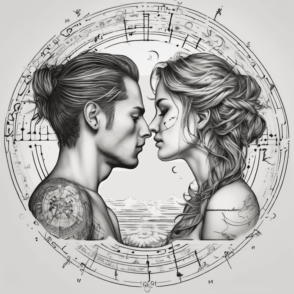 Couple tattoo with each other's names in morse code one with a sun and one with a moon background and a symbol of love and permanence